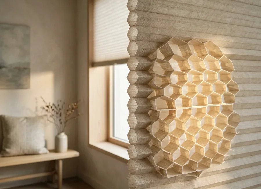 Cut-away view of a cellular honeycomb blind showing the row of air cells that do the insulating