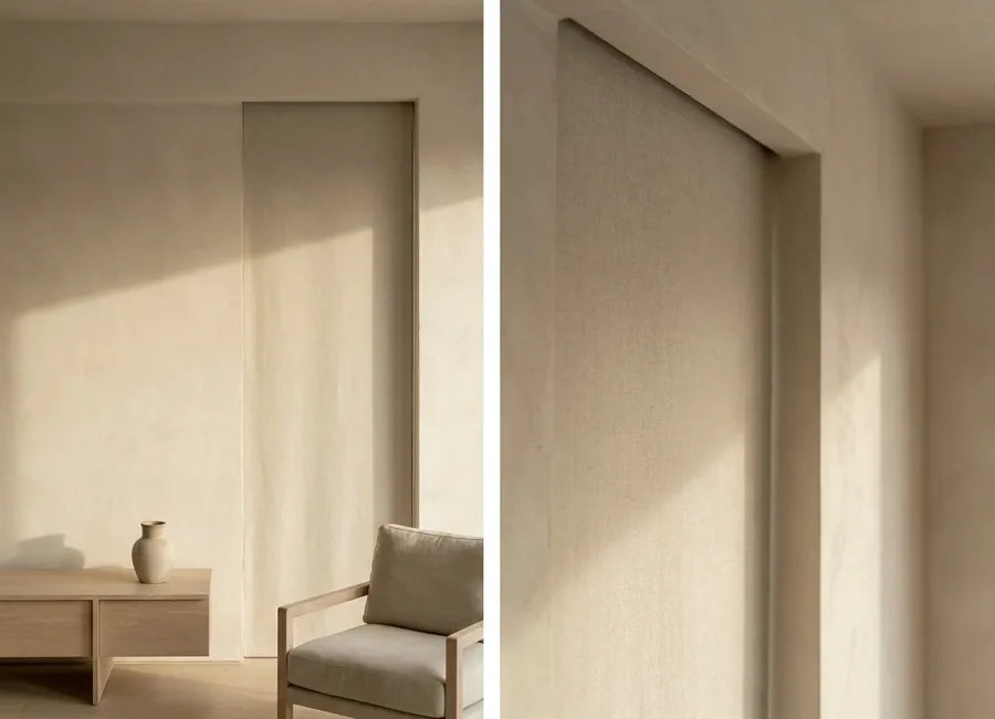 Concealed blind dropping from a slim ceiling recess, with no visible brackets, cassette or pelmet