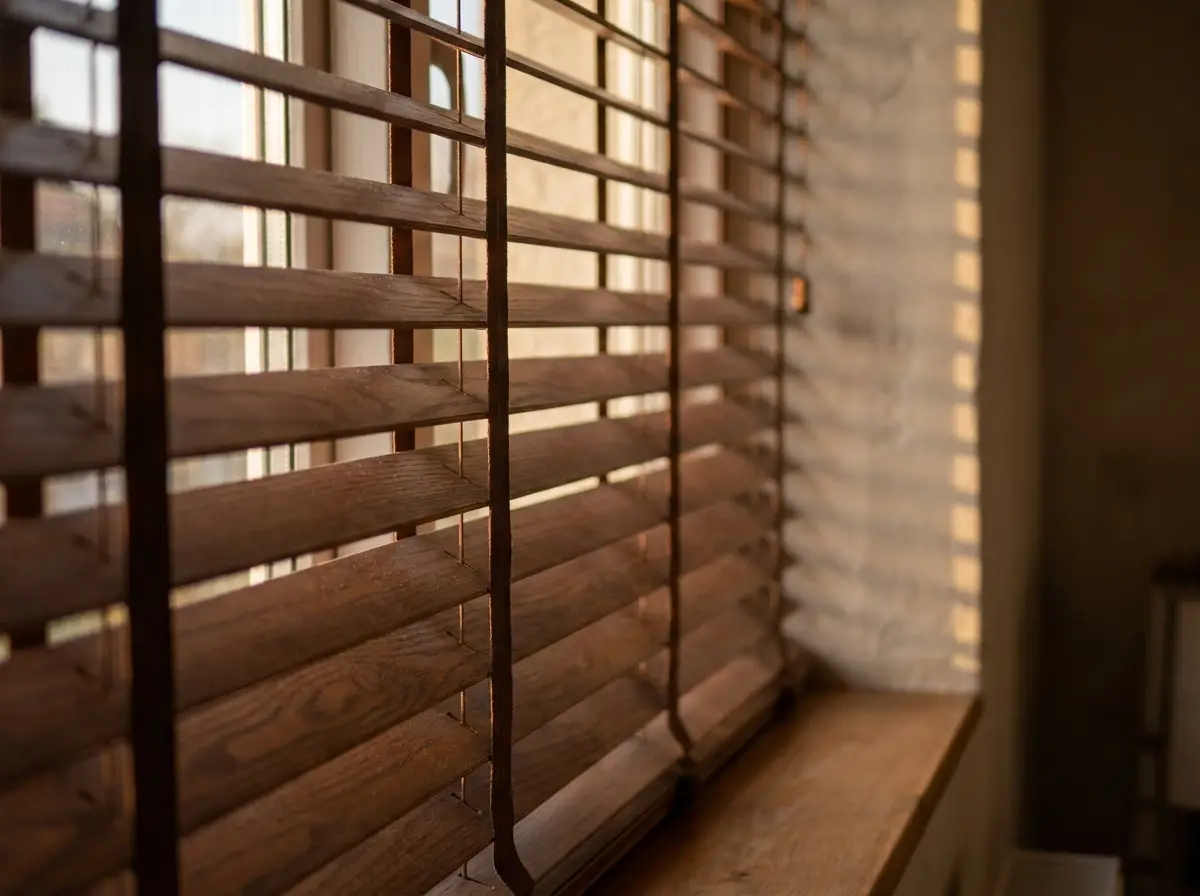 Close-up of timber venetian blind slats tilted against evening light