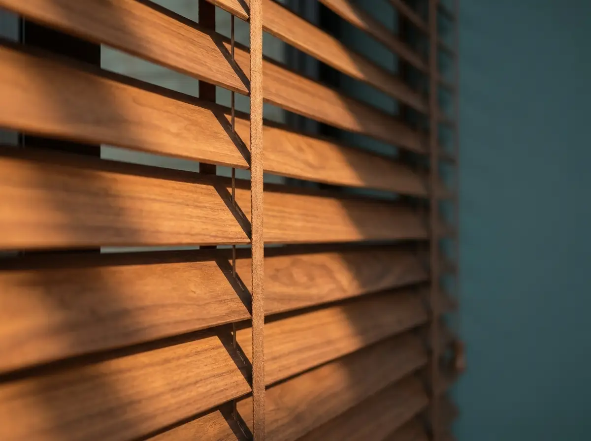 Close-up of timber venetian blind slats tilted against evening light