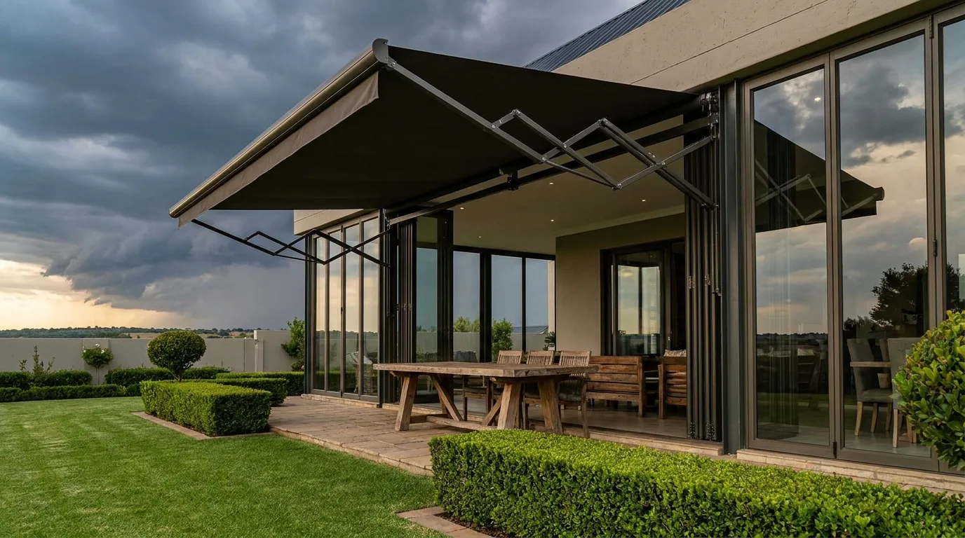 A folding-arm awning fully extended on its articulated arms over a paved braai patio beside the glazed rear wall of a Boardwalk Meander home, an outdoor dining table beneath it, clipped hedges and a manicured lawn, and a dark Highveld thunderstorm building on the horizon in the late afternoon