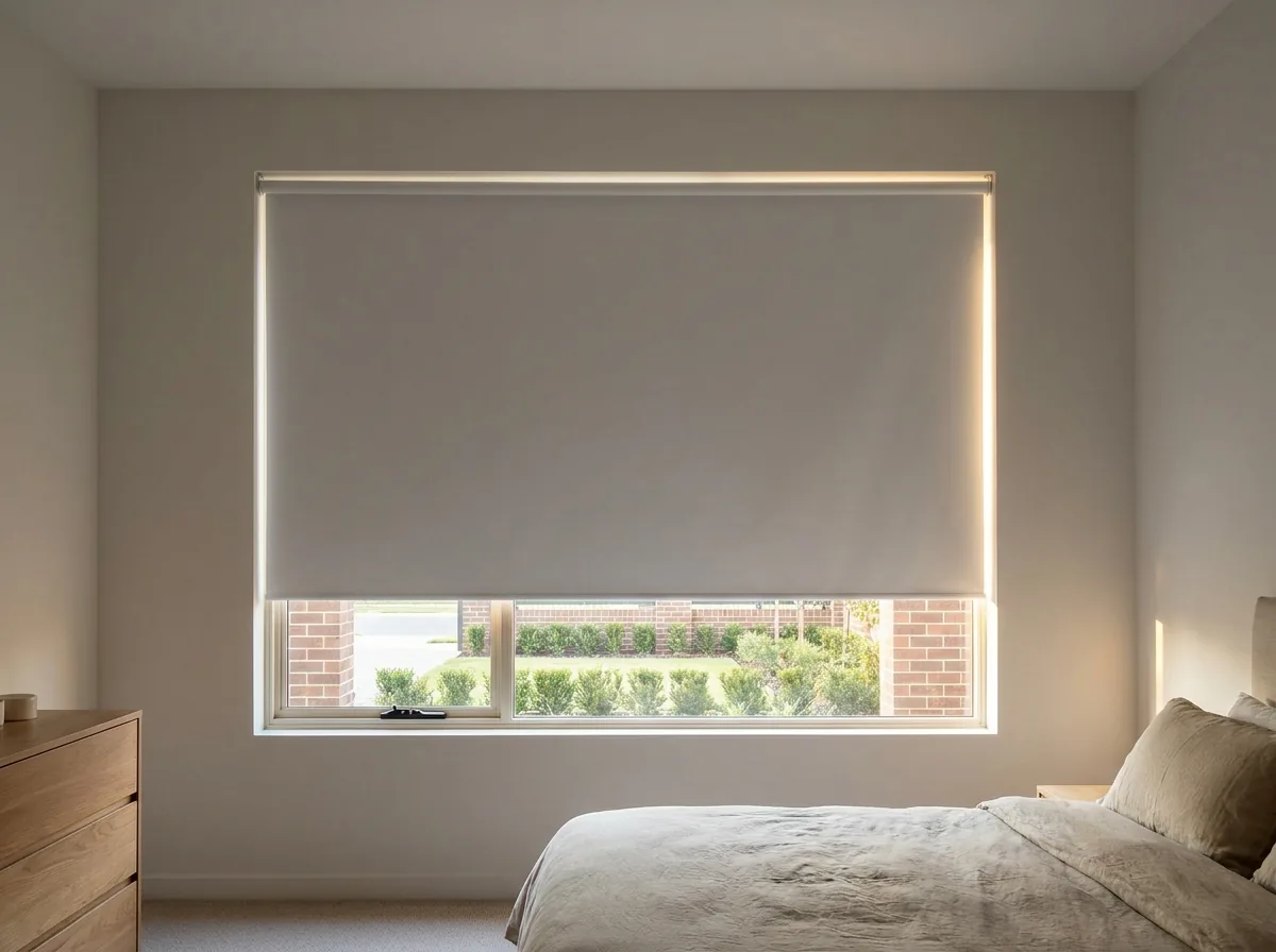 A single smooth flat blockout roller blind, one seamless opaque sheet on a tube with no folds or slats, lowered half-way over an east-facing Boardwalk Meander bedroom window at sunrise, with a manicured garden and estate wall beyond the glass