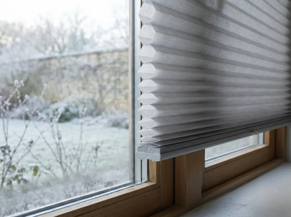 Close view of a cellular honeycomb blind half raised at a window, its concertina of hexagonal air cells clearly visible edge-on between two fabric faces, with a frosted winter garden and estate wall softly out of focus beyond the glass
