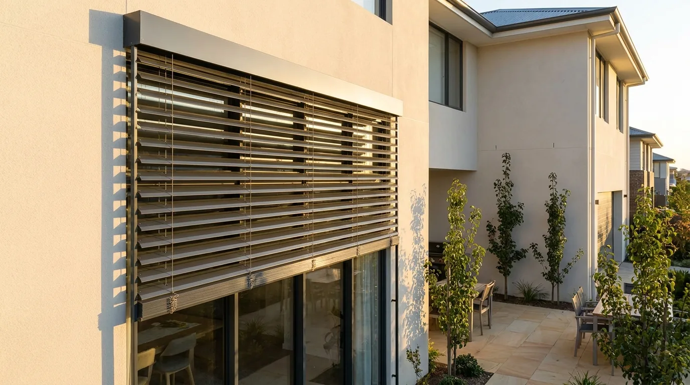 An external aluminium venetian blind mounted outside a west-facing window of a rendered double-storey Boardwalk Meander home, wide slats in slim side guide rails tilted against a low late-afternoon sun, a small paved patio and young garden trees below