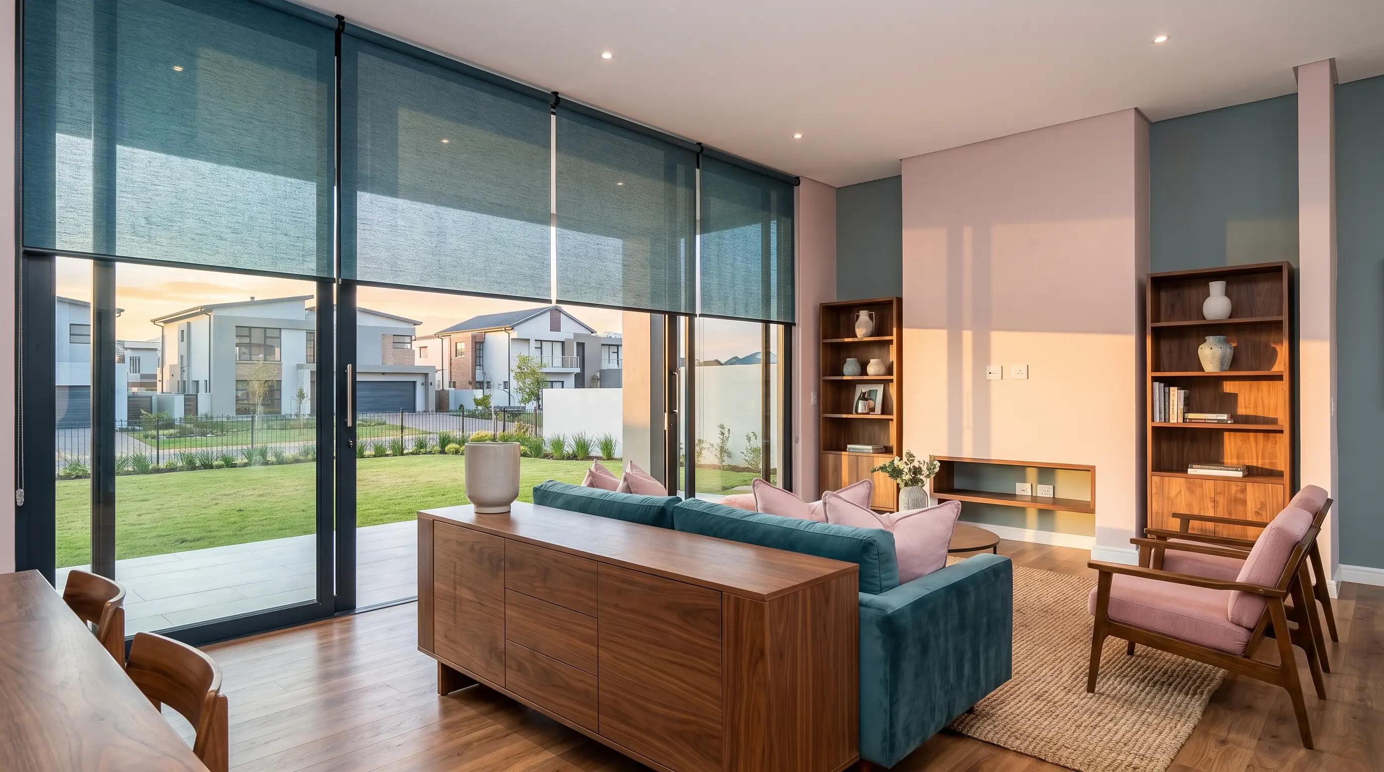 Open-plan living room in a new Boardwalk Meander estate home with petrol-blue sunscreen roller blinds across full-height stacking doors