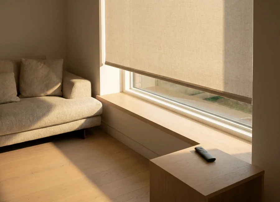 Motorised roller blind lowered over a wide window seat, with the handset resting on the sill