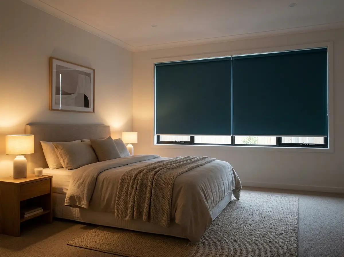 Main bedroom fitted with two petrol-blue blockout roller blinds across a wide window
