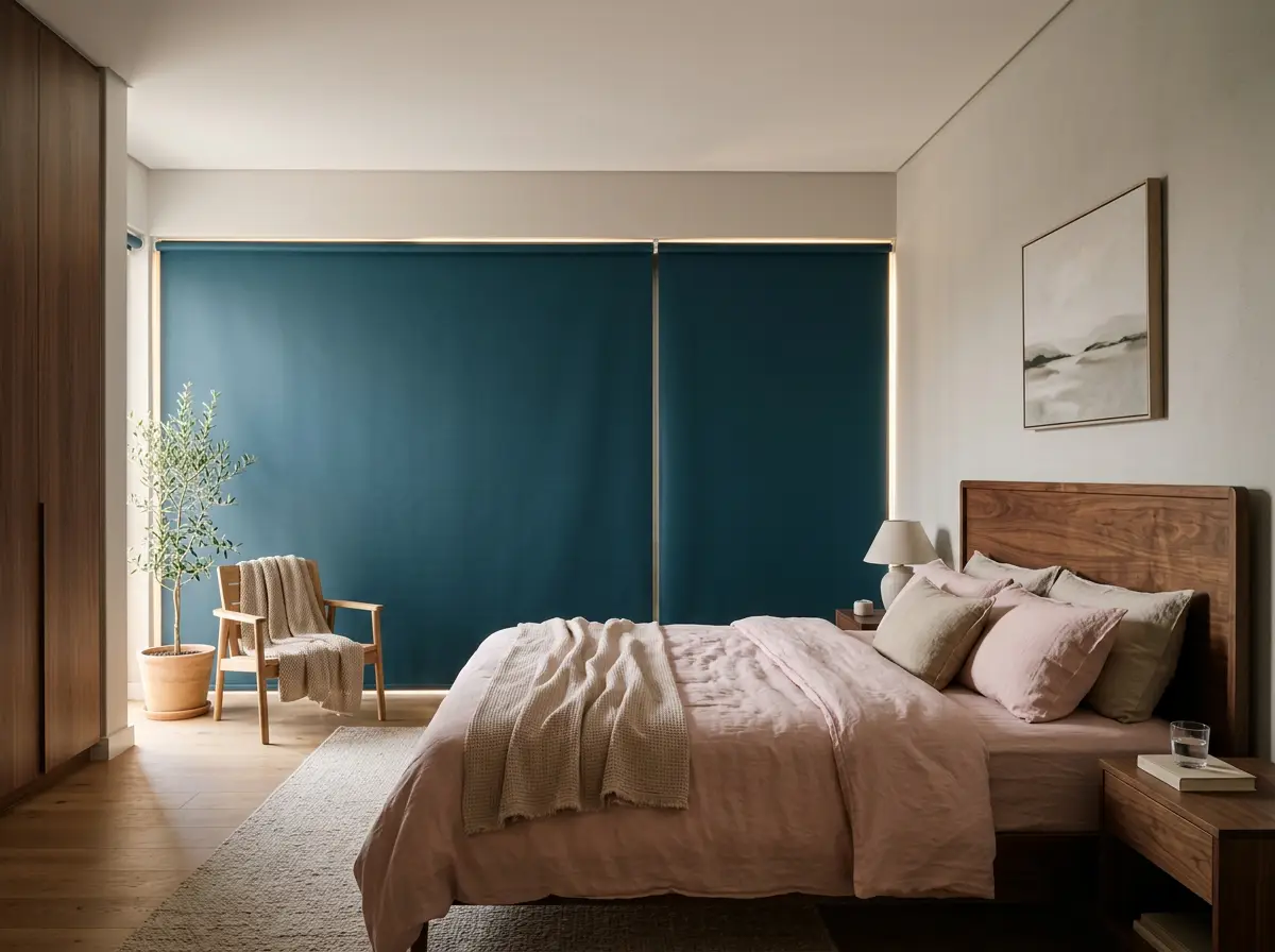 Main bedroom in a Boardwalk Meander estate home with two petrol-blue blockout roller blinds covering a wide window