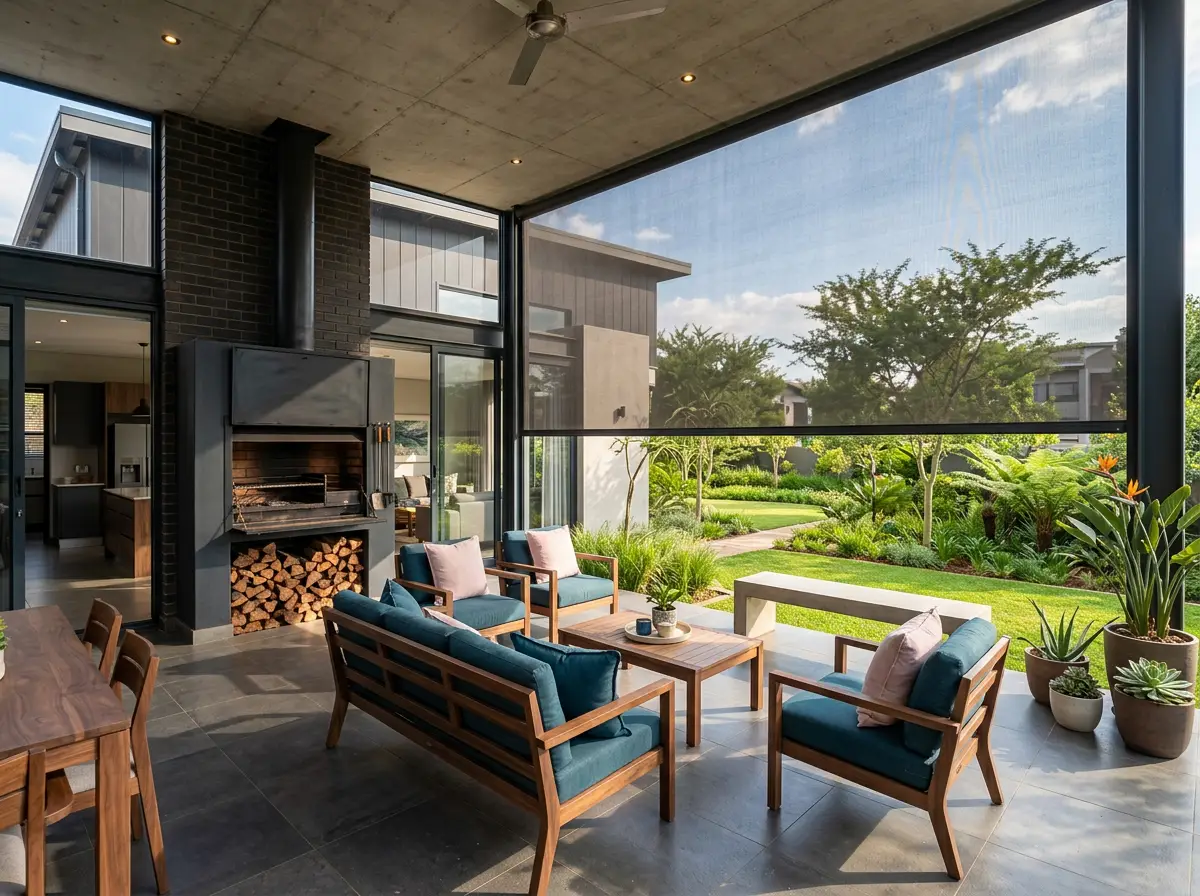 Covered braai patio at a Pretoria East estate home closed in on one side with a dark zip screen in side channels