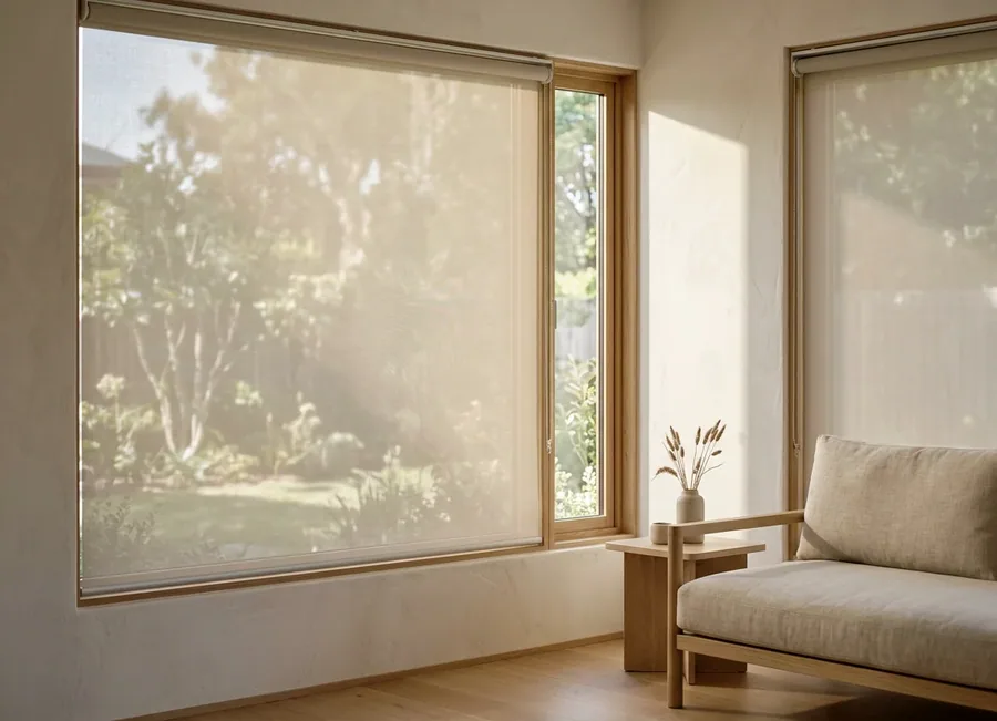Sunscreen roller blind on a wide living-room window &mdash; a single smooth fabric panel on a tube, no folds, filtering the garden view
